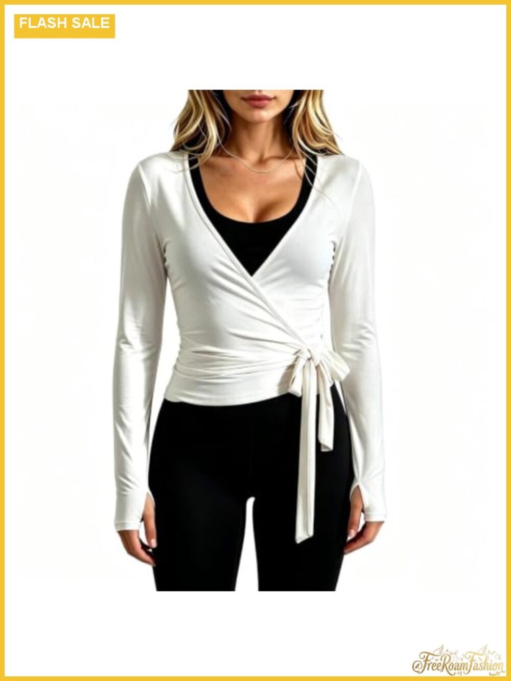 Women's Long Sleeve Wrap Crop Top V-Neck Tie Waist Stretch